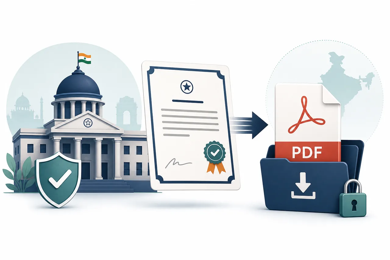 Illustrative certificate moving from an Indian public authority to a secure PDF folder