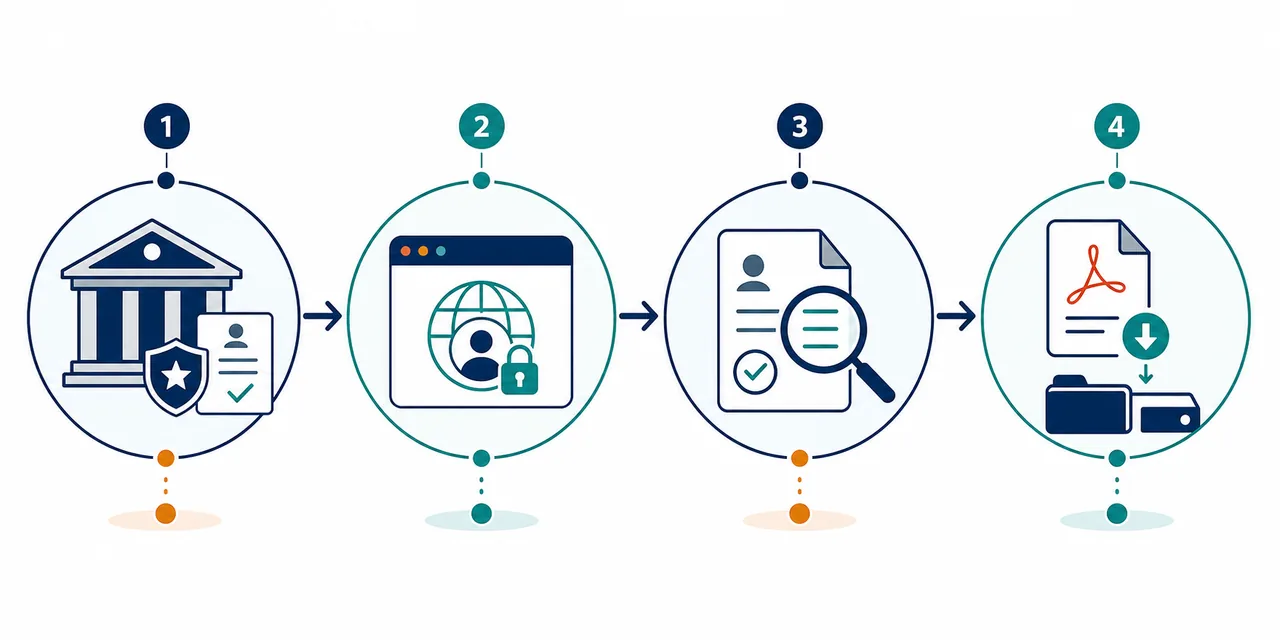 Four-stage illustrative flow for identifying an issuer, opening an official portal, checking a record and saving a certificate PDF