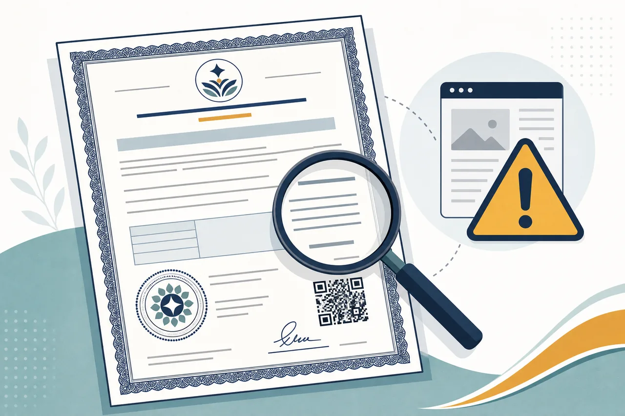 Conceptual certificate with a magnifying glass, verification mark and warning against unofficial template pages