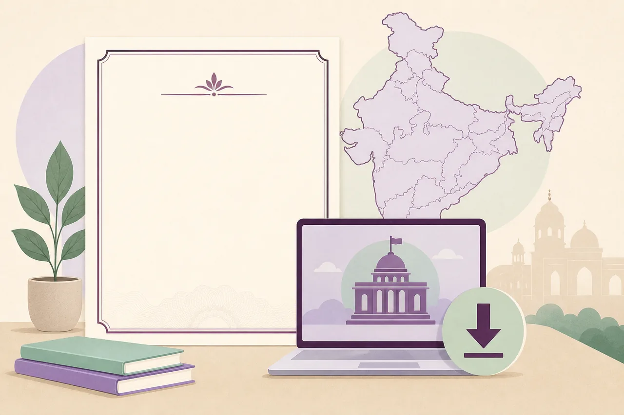 Editorial illustration of an Indian domicile certificate, state map and secure government download route
