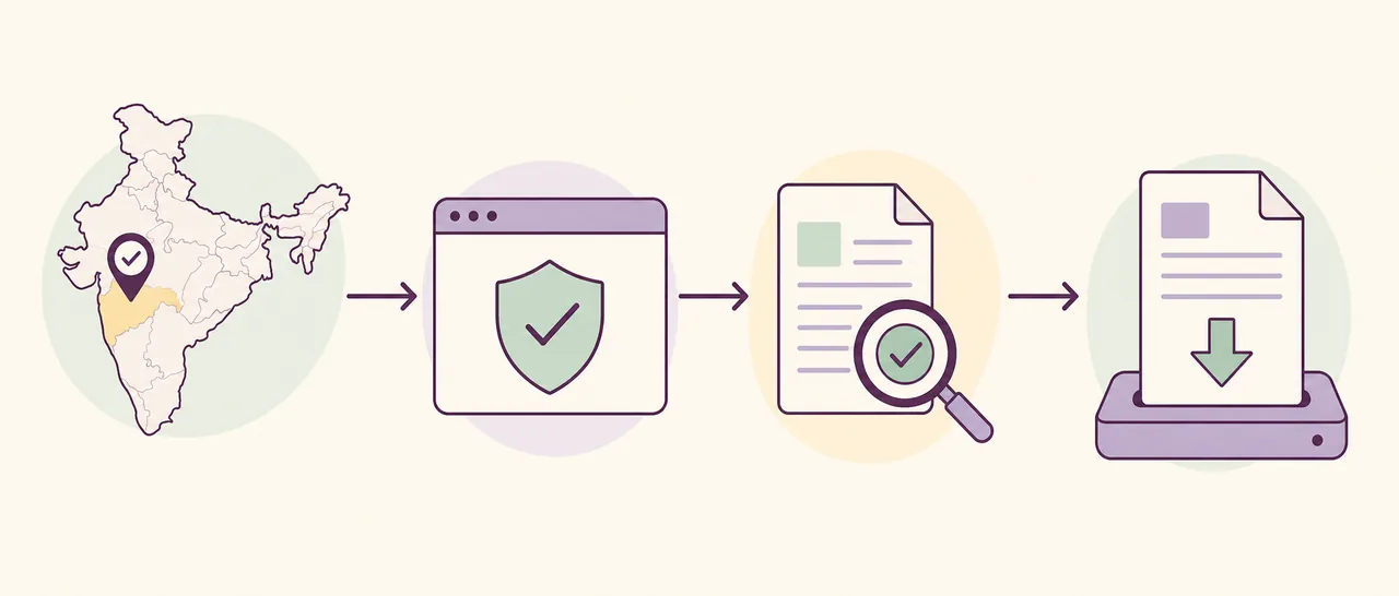 Four-step illustration for choosing a state portal, checking an approved record and downloading a domicile certificate PDF