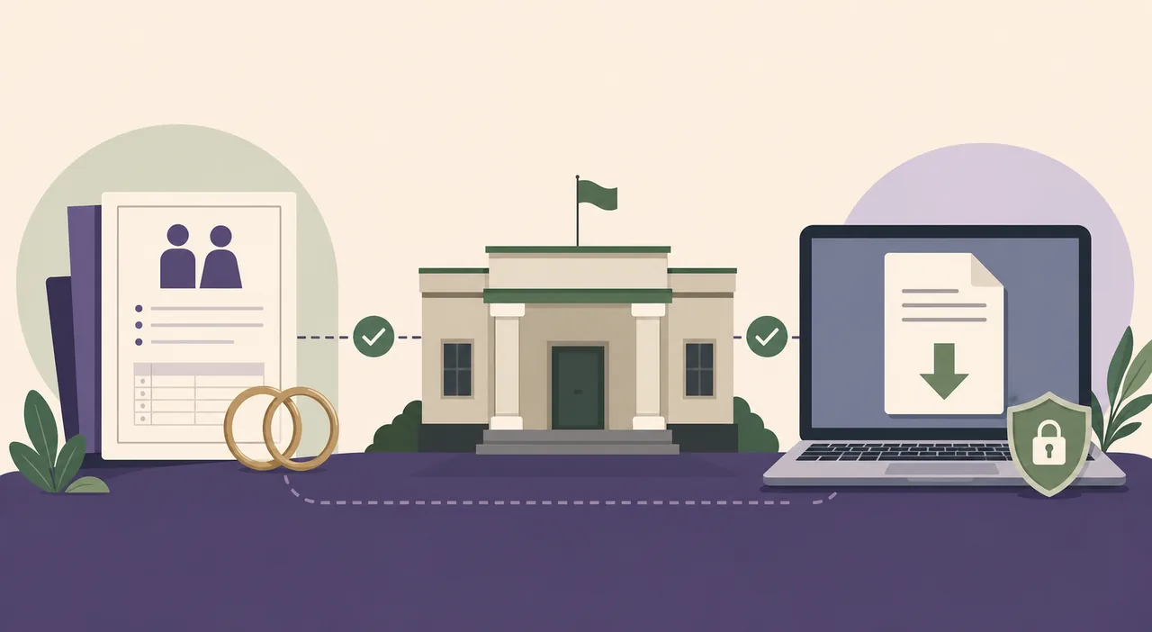 Editorial illustration showing a marriage record moving through an official registrar to a secure document download