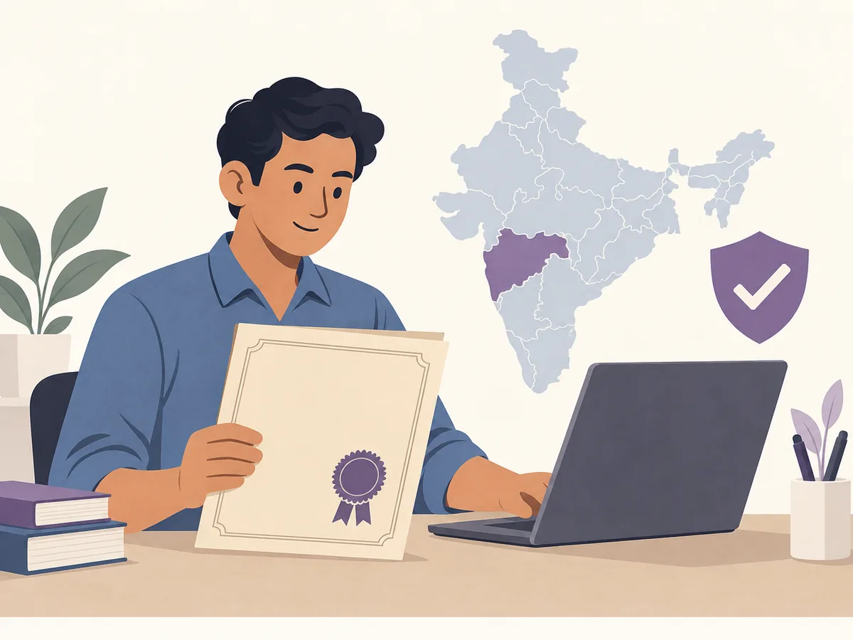 Editorial illustration of a person reviewing a certificate beside an India map and verification shield
