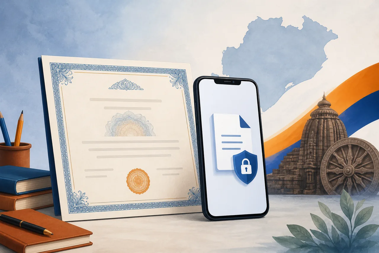 Conceptual illustration of an Odisha education certificate and secure digital document
