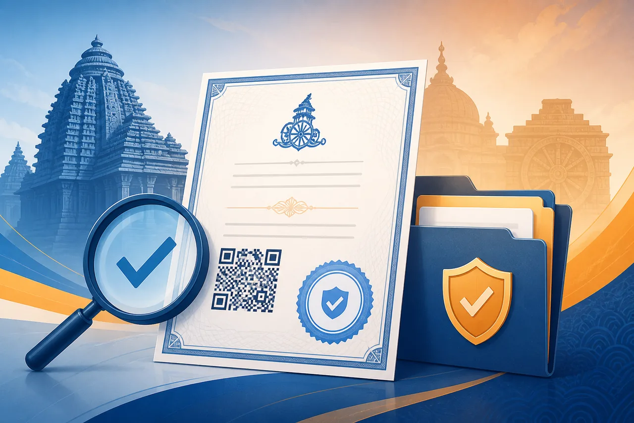Conceptual illustration of checking an education certificate with a magnifier, QR pattern and secure folder